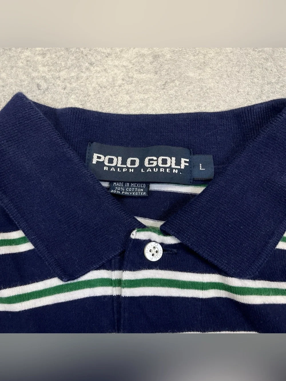 Vintage Polo Golf Ralph Lauren Navy Blue Green White Stripes Short Sleeve Shirt